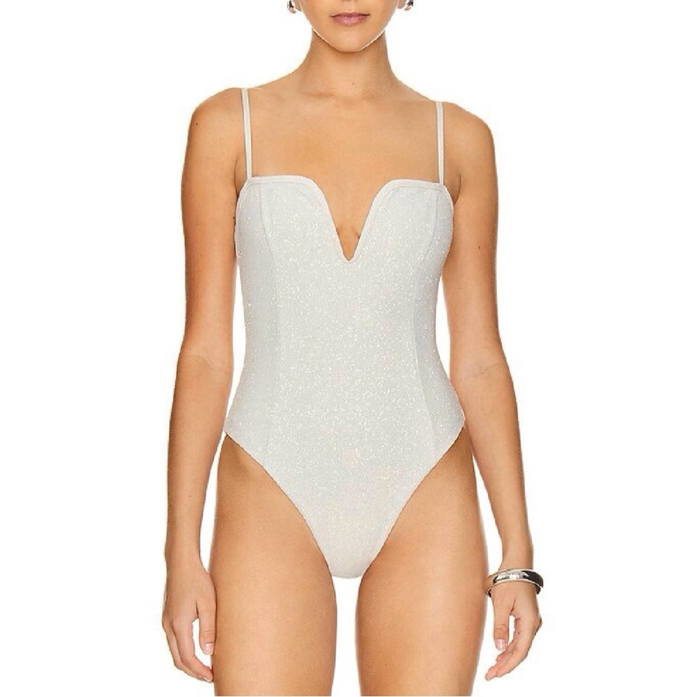 DEVON WINDSOR JOELLE ONE PIECE SWIMSUIT Champagne Glitter V Neck Size XS